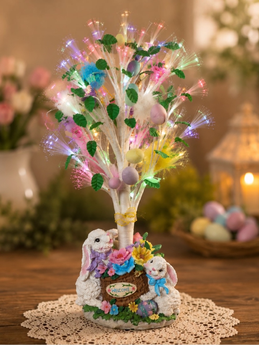 Vintage Fiber Optic Easter Tree Bunny Decor 18.5” Lights Box Works Multi Color
